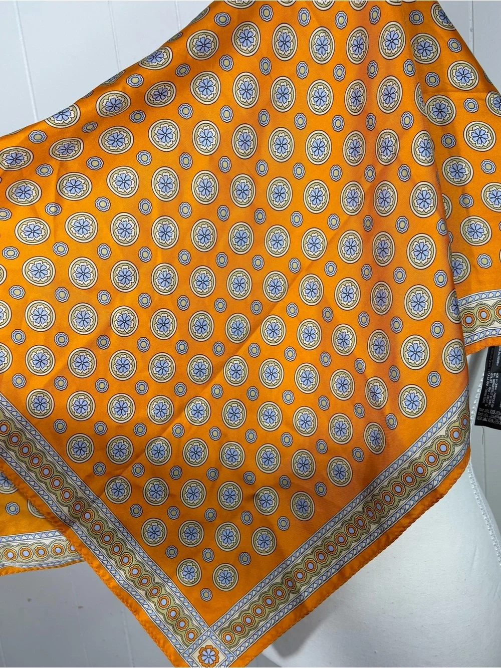 Zara Orange Blue Medallion Pattern Silky Square Scarf Head Wrap Bandeau Festival